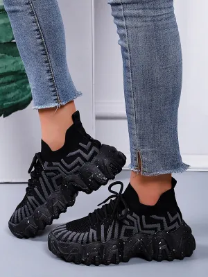 Striped Pattern Lace-up Front Chunky Sneakers- FD ⚡