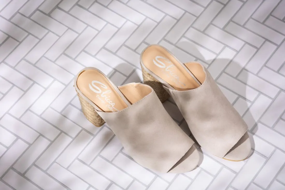 Suede Open Toe Mules in Iced Grey