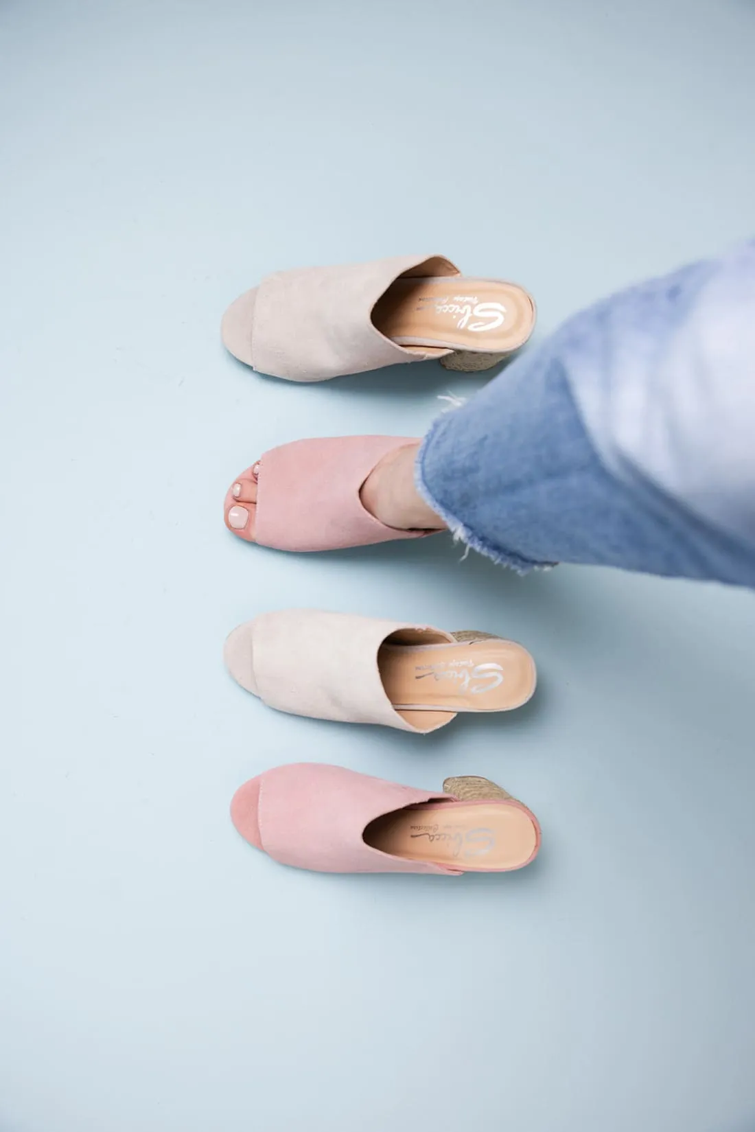 Suede Open Toe Mules in Iced Grey