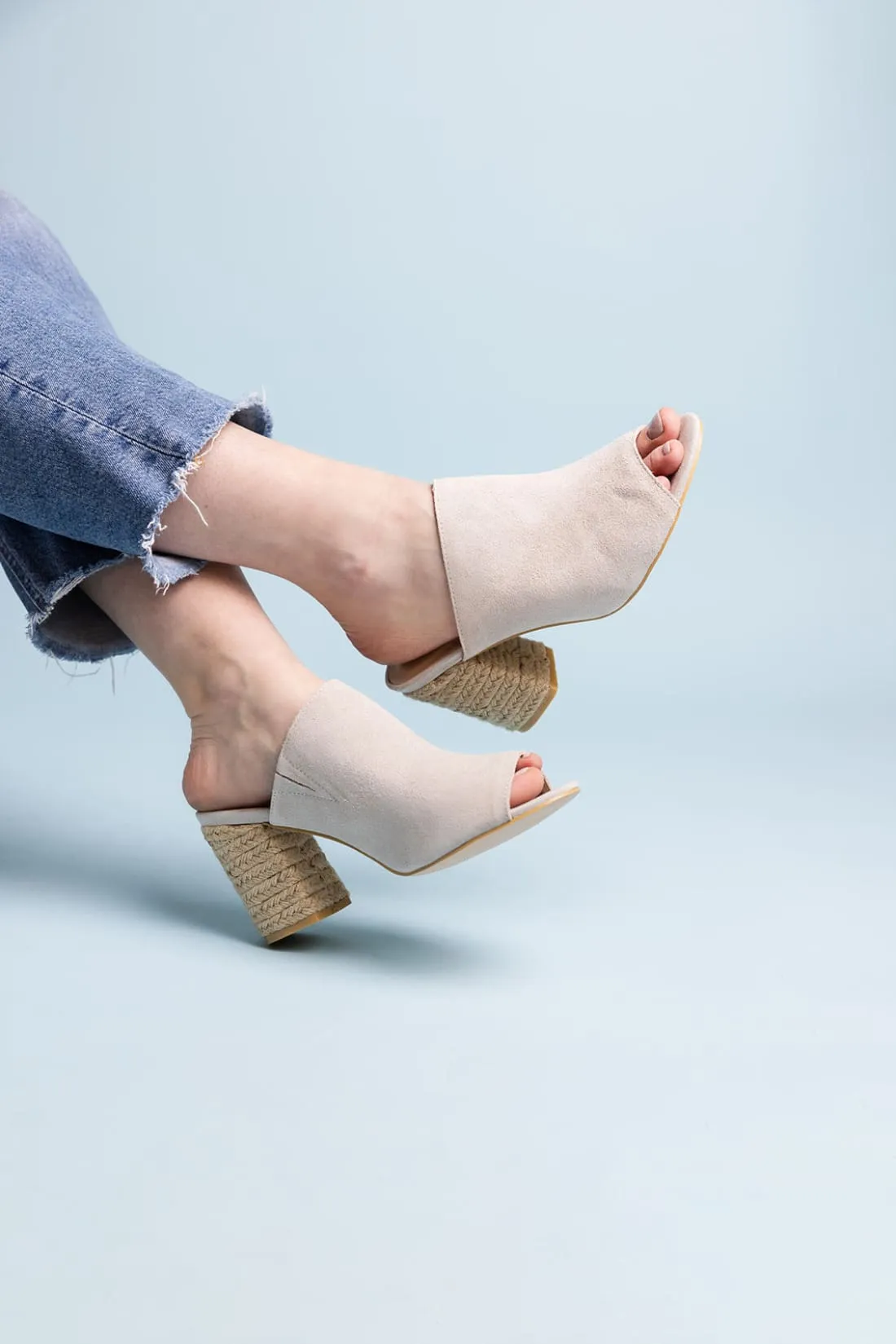 Suede Open Toe Mules in Iced Grey