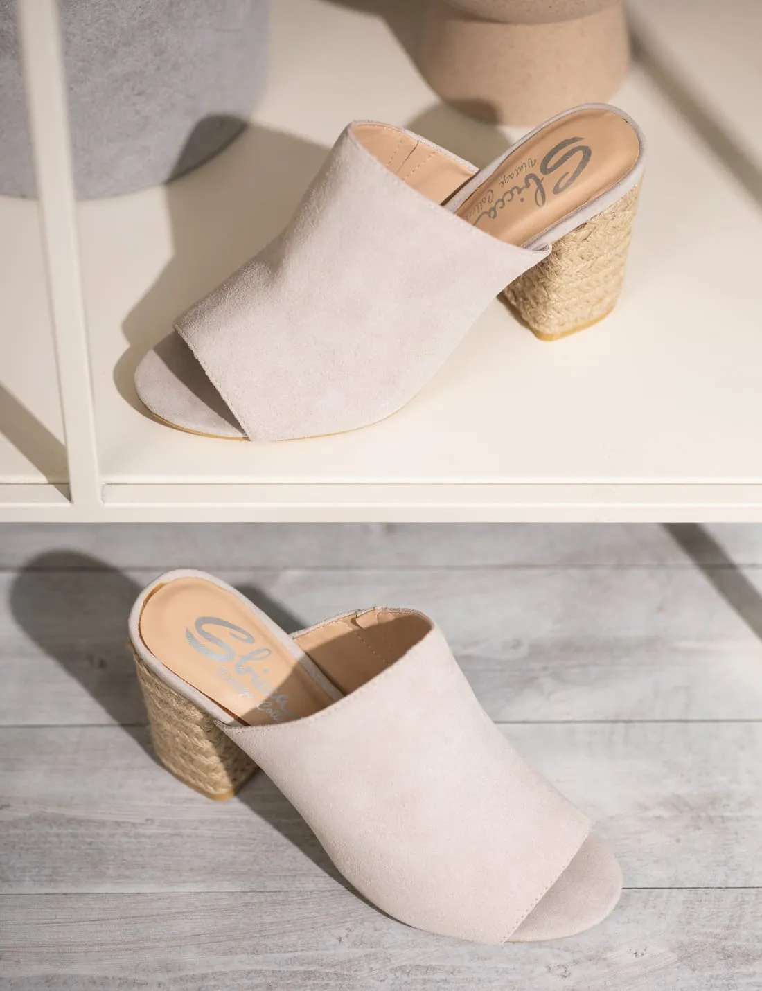 Suede Open Toe Mules in Iced Grey