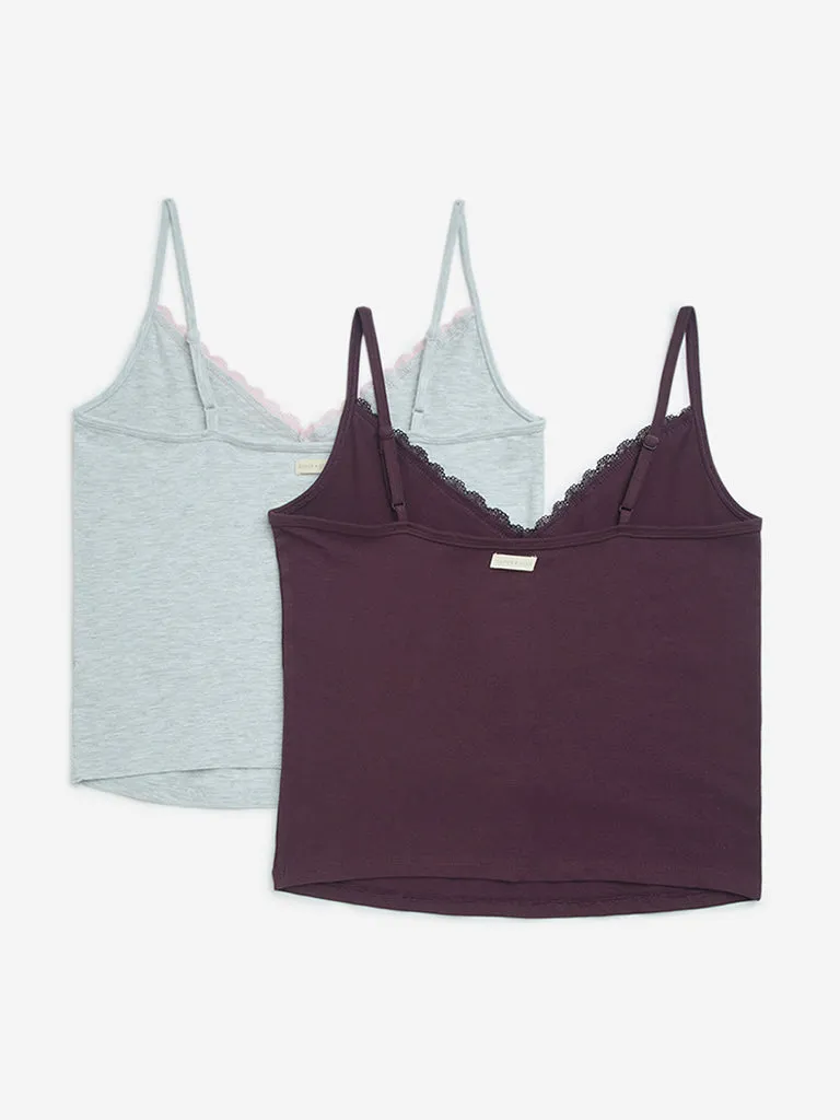 Superstar Plum Lace-Detailed Cotton-Blend Camisoles - Pack of 2