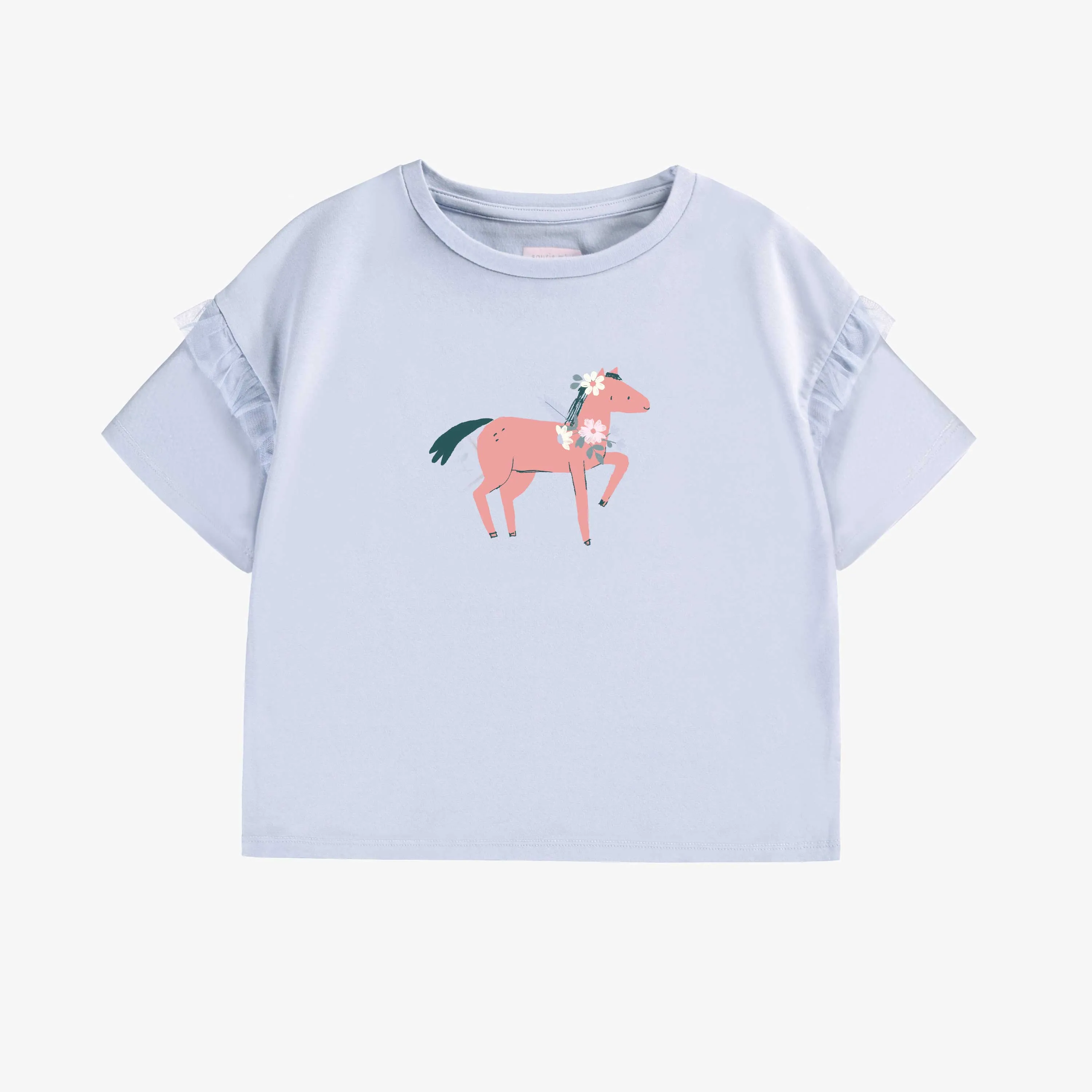 T-shirt bleu pâle avec volant et illustration, enfant || Pale blue T-shirt with ruffles and illustration, child