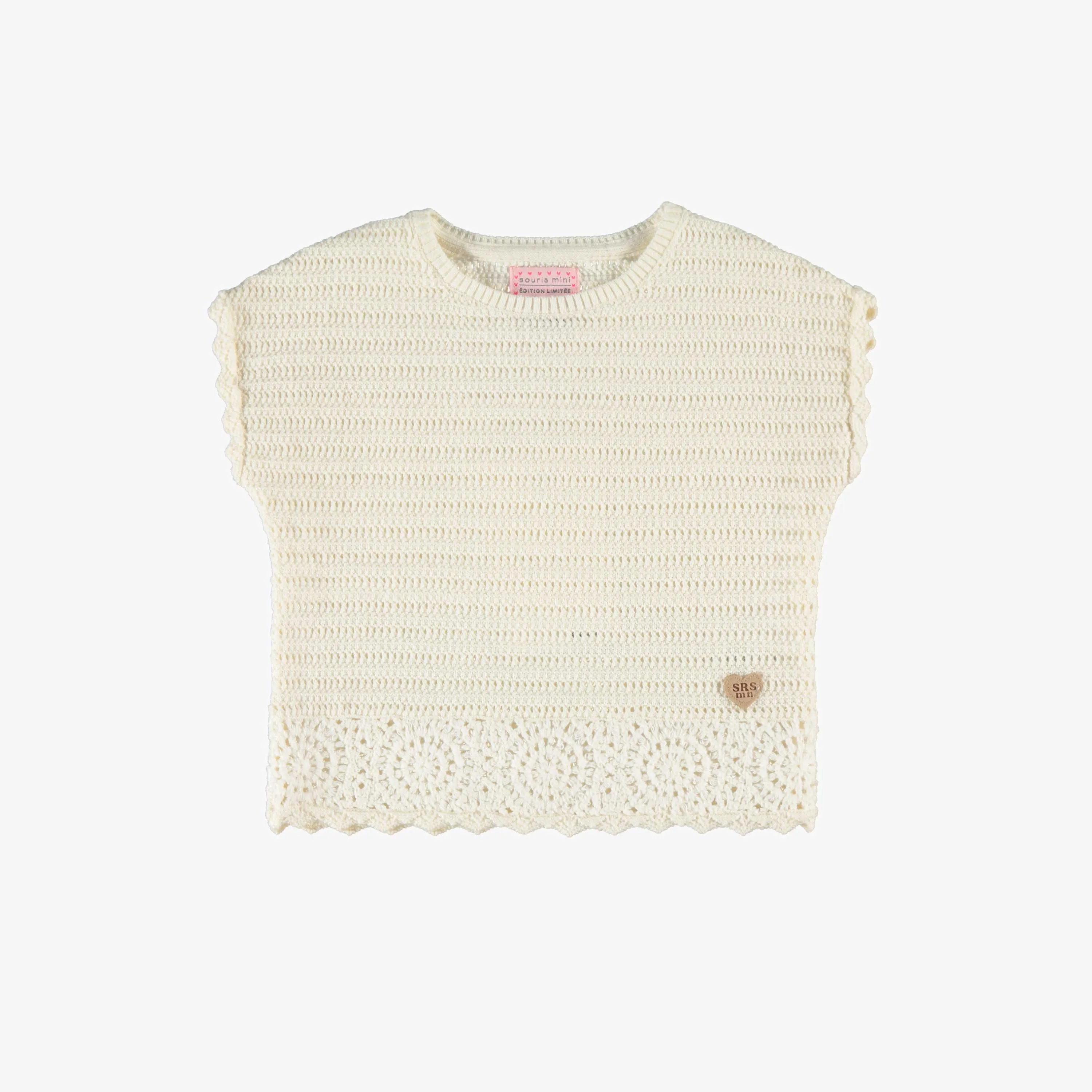 T-shirt crème en tricot à détails de fleurs, bébé || Cream knit T-shirt with flower details, baby
