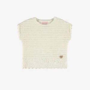 T-shirt crème en tricot à détails de fleurs, bébé || Cream knit T-shirt with flower details, baby