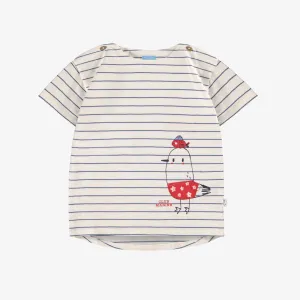 T-shirt crème et bleu à rayures et illustration, enfant || Cream and blue T-shirt with stripes and illustration, child
