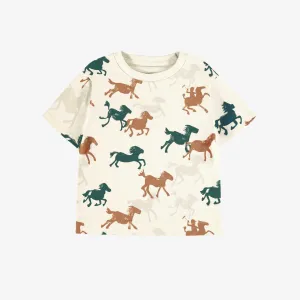 T-shirt crème à motifs de chevaux, bébé || Cream T-shirt with horse all over print, baby