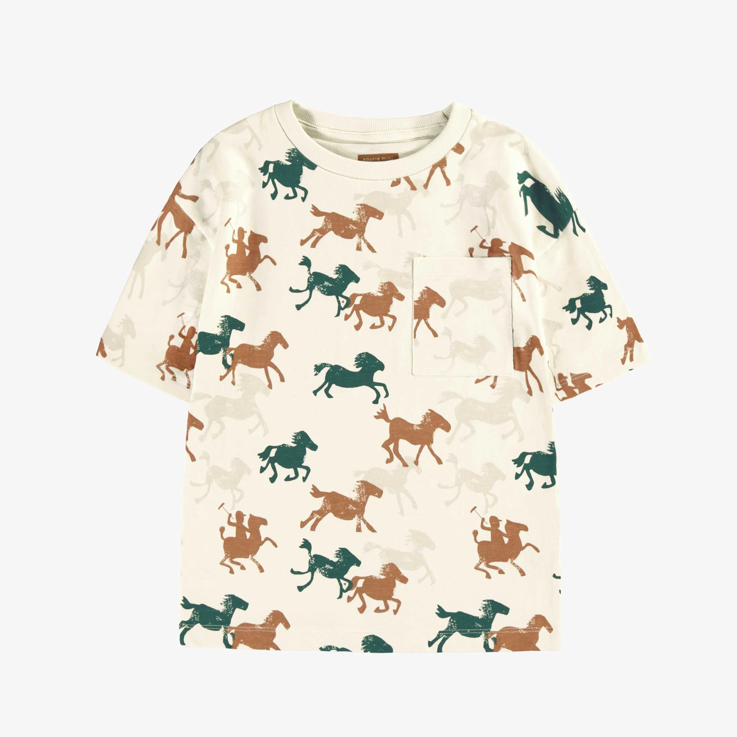 T-shirt crème à motifs de chevaux, enfant || Cream T-shirt with horse all over print, child
