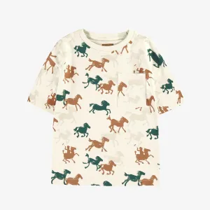 T-shirt crème à motifs de chevaux, enfant || Cream T-shirt with horse all over print, child
