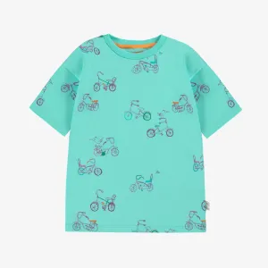 T-shirt turquoise à motifs, enfant ||Turquoise T-shirt with all over print, child