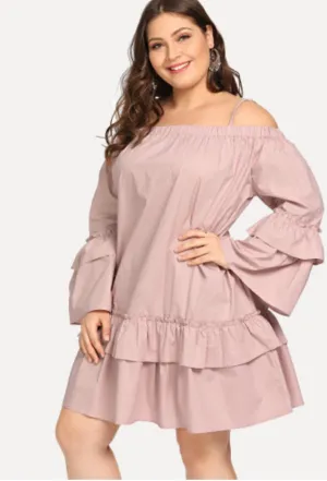 Tan Ruffle Off the Shoulder Dress PLUS