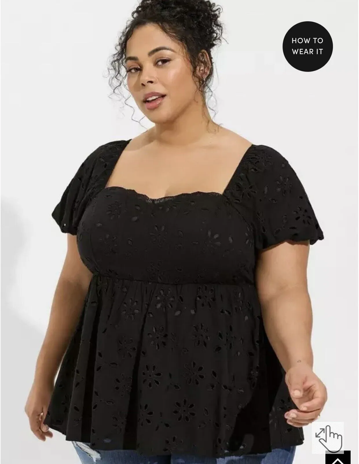 TORRID Womens Babydoll Top Sz 1 Eyelet Detail Black Challis Boho Blouse