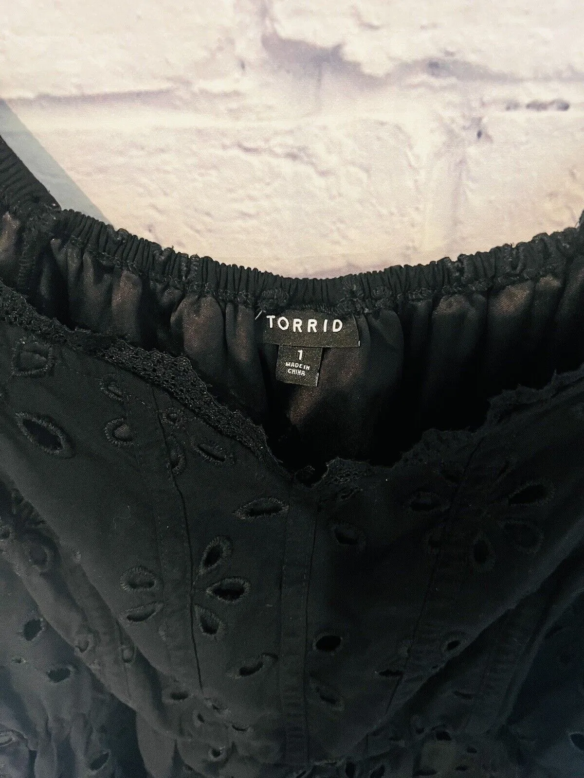 TORRID Womens Babydoll Top Sz 1 Eyelet Detail Black Challis Boho Blouse