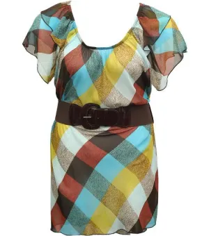 Trendy Belt Plaid Blue Blouse