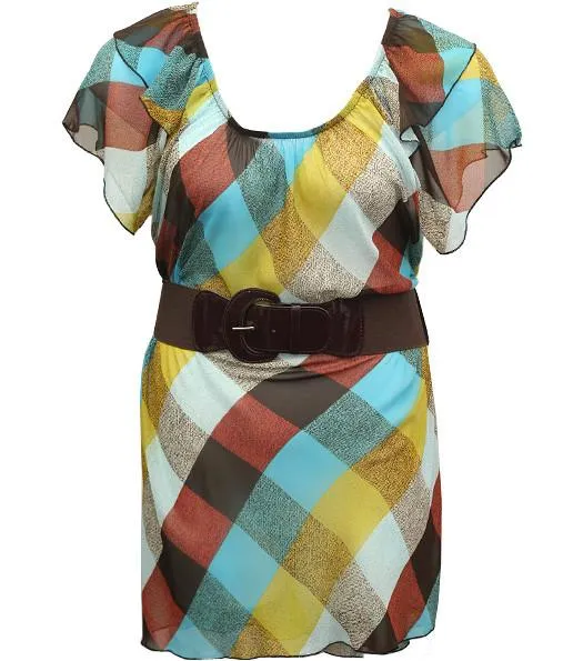 Trendy Belt Plaid Blue Blouse