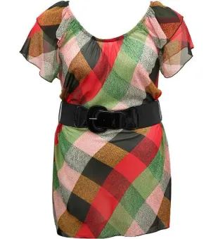 Trendy Belt Plaid Red Blouse