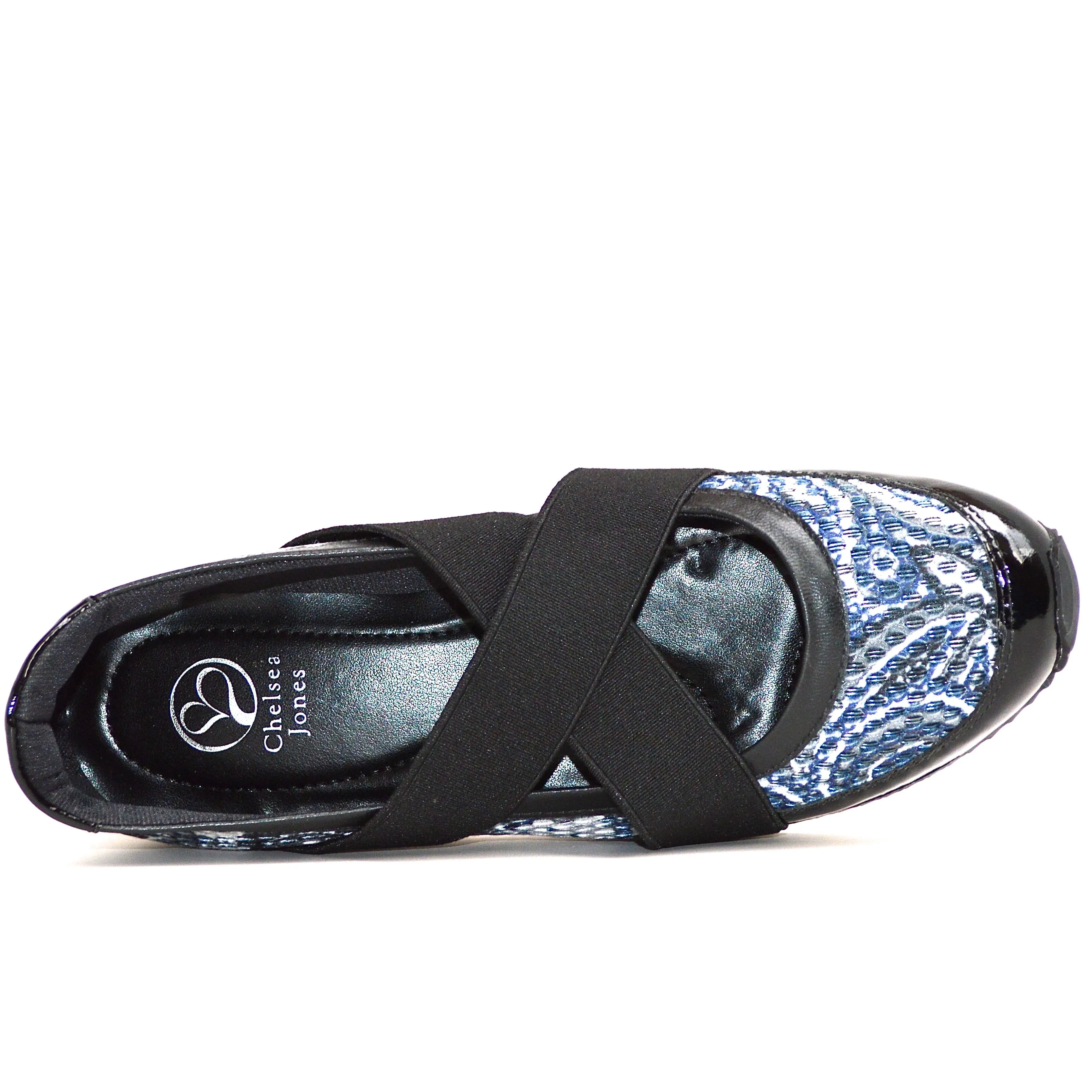 TUCK WALKING SHOE - PATENT BLACK / BLUE MESH