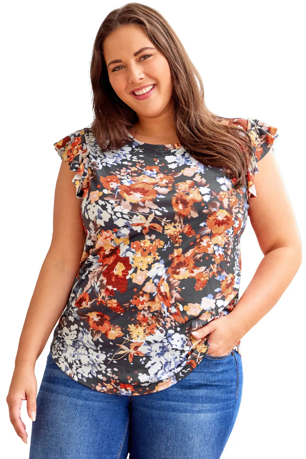 Vintage Floral Flutter Sleeve Plus Top