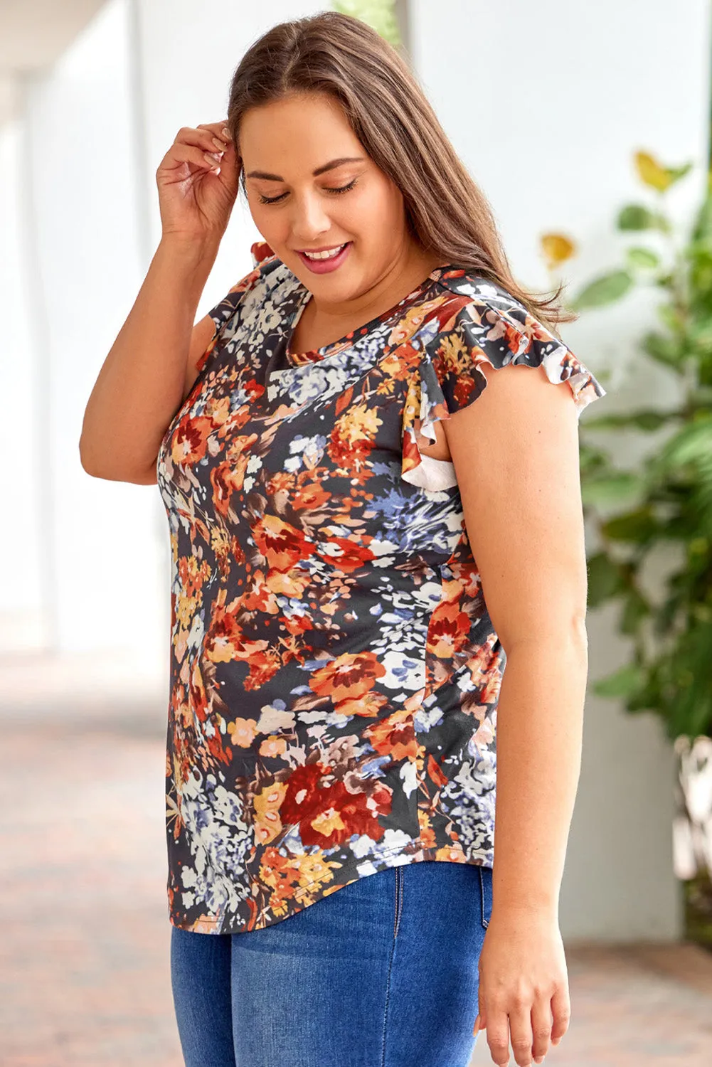 Vintage Floral Flutter Sleeve Plus Top