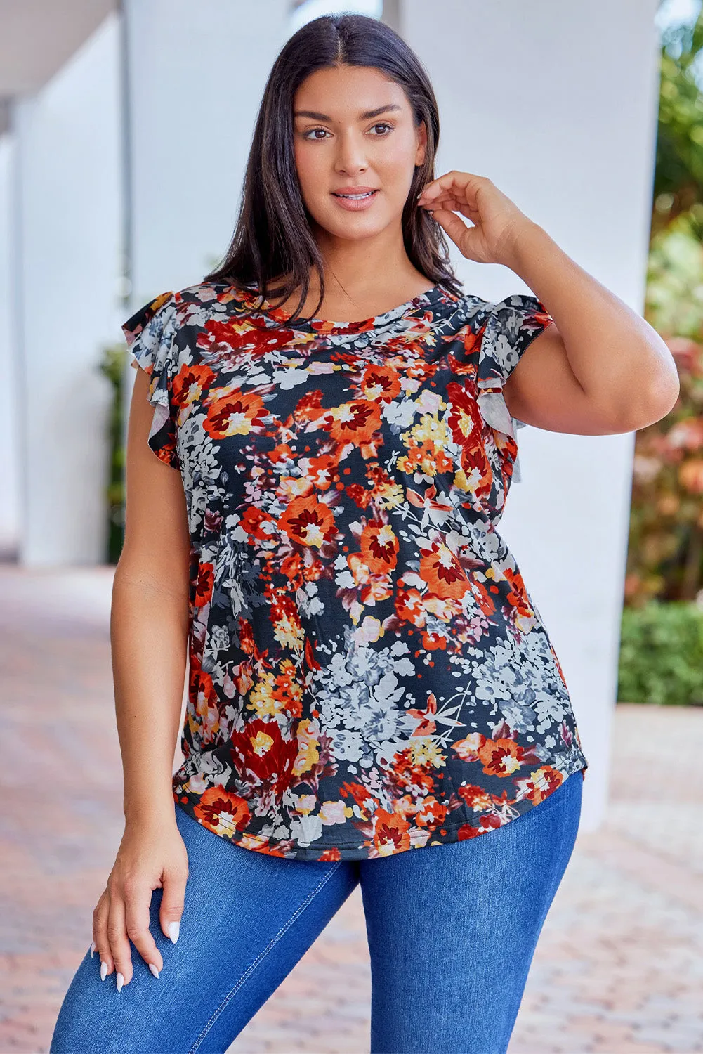 Vintage Floral Flutter Sleeve Plus Top
