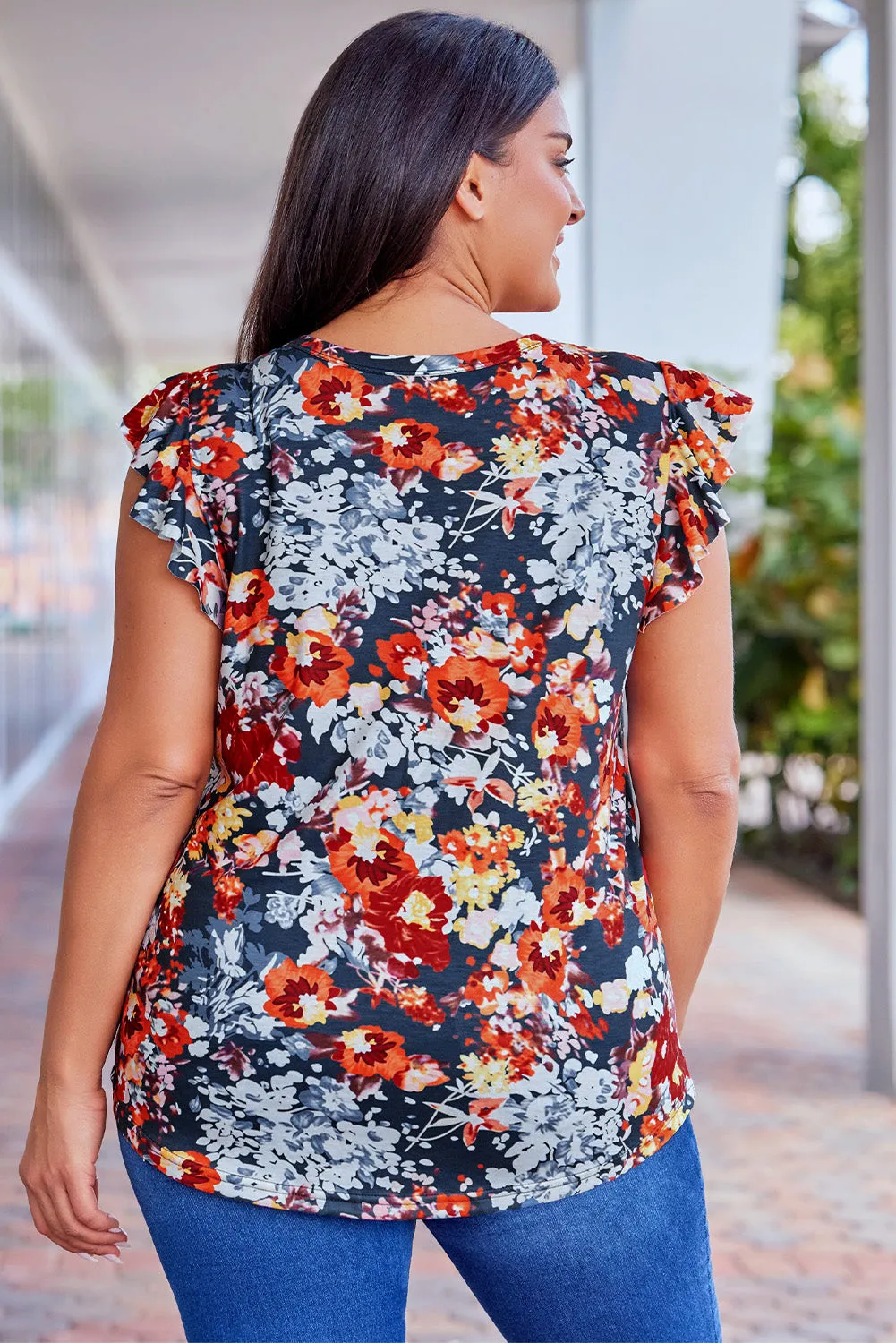 Vintage Floral Flutter Sleeve Plus Top