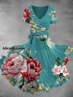 Vintage Floral Print V-Neck Short Sleeve Two-Piece Midi Dress