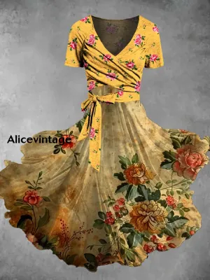 Vintage Floral Print V-Neck Short Sleeve Two-Piece Midi Dress