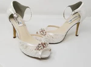 White Lace Bridal Shoes with Rose Gold Applique