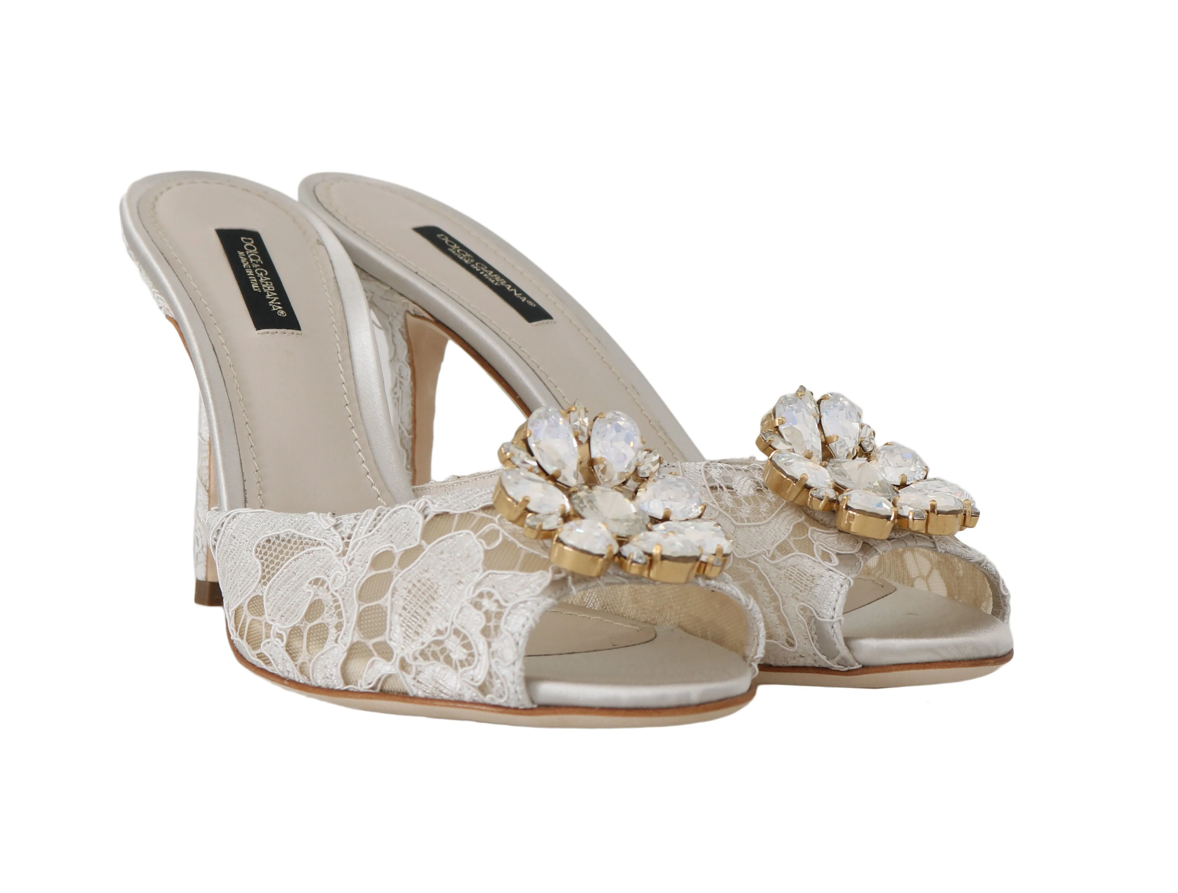 White Lace Crystal Mules Slides