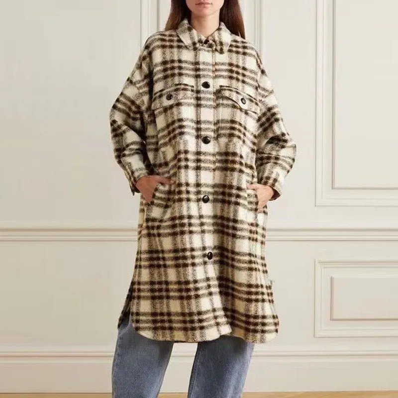 Women midi woolen coat cowhide buttons loose plaid coat