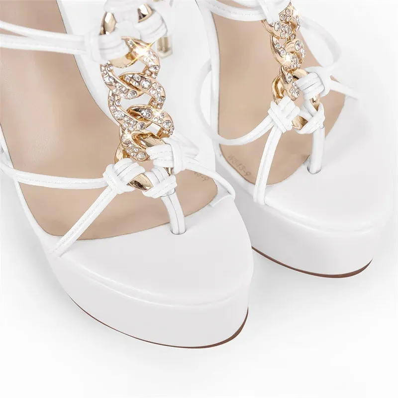 Women Platform Rhinestone Sandals Transparent Metal  Slim Thin High Heel