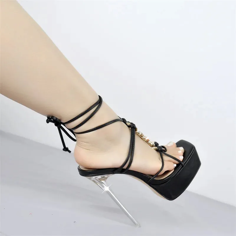 Women Platform Rhinestone Sandals Transparent Metal  Slim Thin High Heel