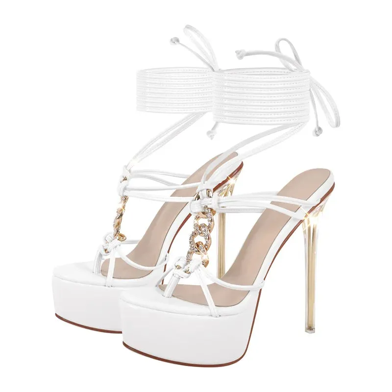Women Platform Rhinestone Sandals Transparent Metal  Slim Thin High Heel