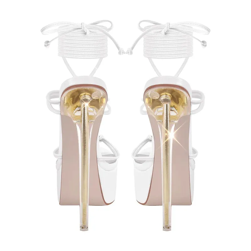 Women Platform Rhinestone Sandals Transparent Metal  Slim Thin High Heel