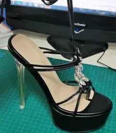 Women Platform Rhinestone Sandals Transparent Metal  Slim Thin High Heel