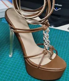 Women Platform Rhinestone Sandals Transparent Metal  Slim Thin High Heel