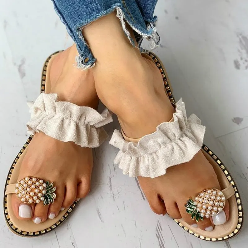 Women Slipper Pineapple Pearl Flat Toe Bohemian Casual Beach Sandals
