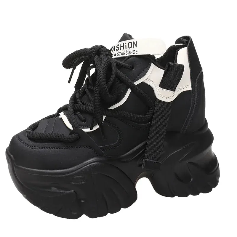Women Walking Sneakers Autumn Lace-up High Platform Chunky Shoes Breathable Leather Shoes 10CM Winter Wedge Heels Casual Shoes