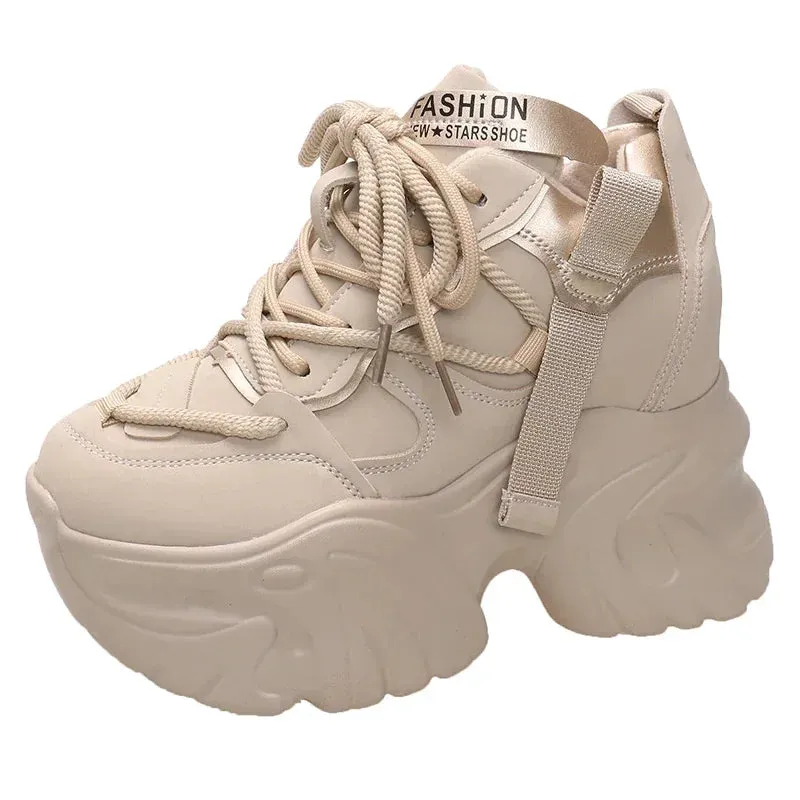 Women Walking Sneakers Autumn Lace-up High Platform Chunky Shoes Breathable Leather Shoes 10CM Winter Wedge Heels Casual Shoes