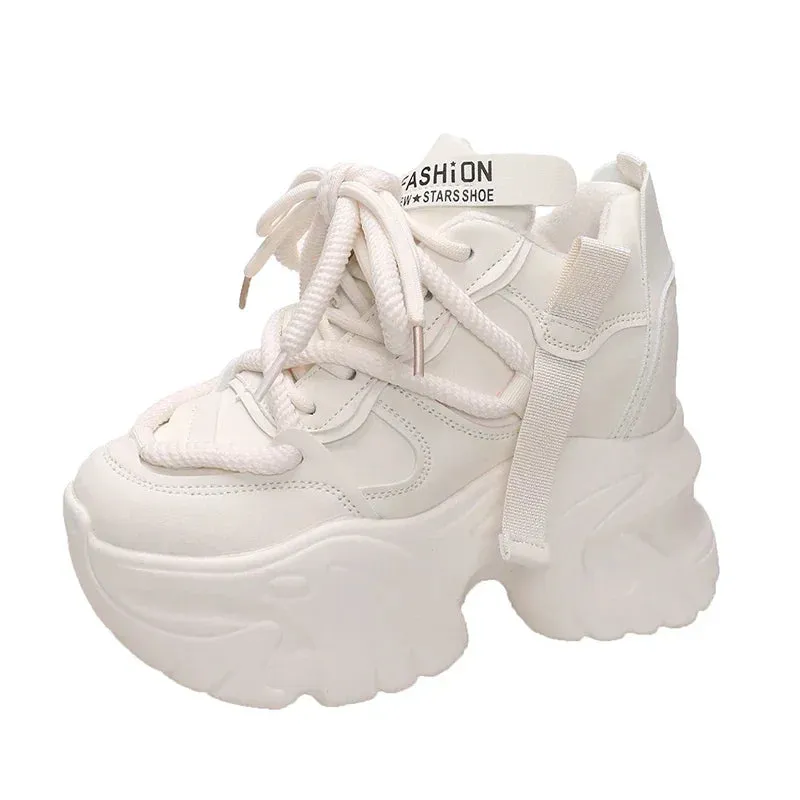 Women Walking Sneakers Autumn Lace-up High Platform Chunky Shoes Breathable Leather Shoes 10CM Winter Wedge Heels Casual Shoes