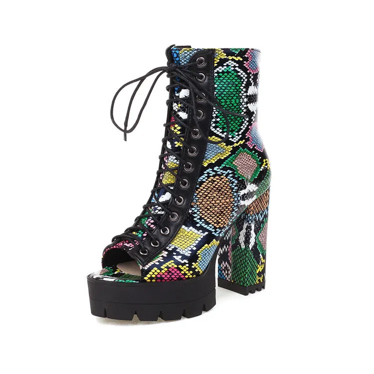 Women's Colorful Print Peep Toe Lace Up Thick Sole Block Heel Platform Sandals
