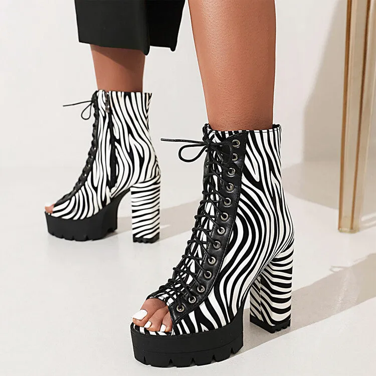 Women's Colorful Print Peep Toe Lace Up Thick Sole Block Heel Platform Sandals