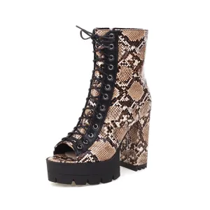 Women's Colorful Print Peep Toe Lace Up Thick Sole Block Heel Platform Sandals