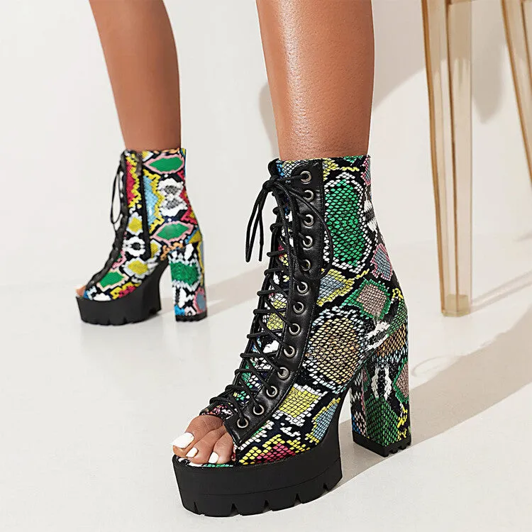 Women's Colorful Print Peep Toe Lace Up Thick Sole Block Heel Platform Sandals