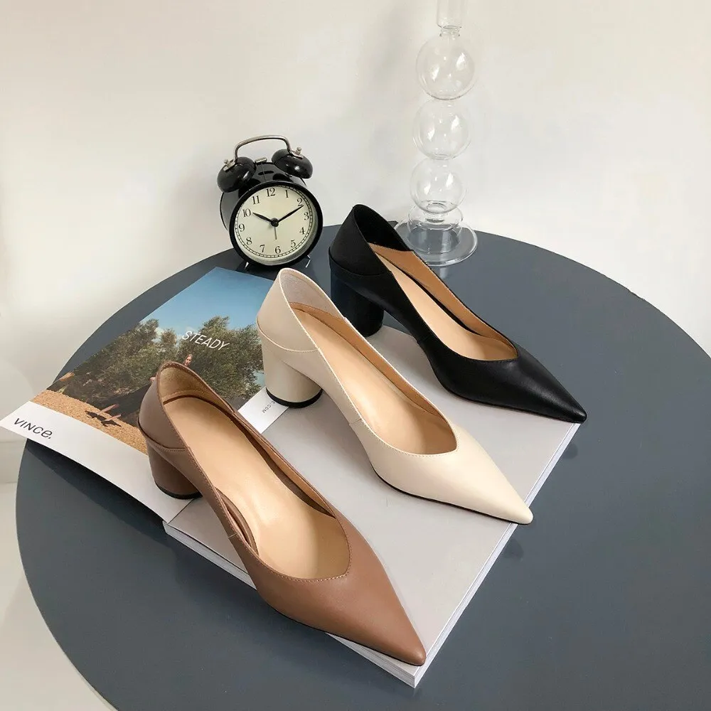 Women's genuine leather high heel slip-on mules pointed toe heels shoes