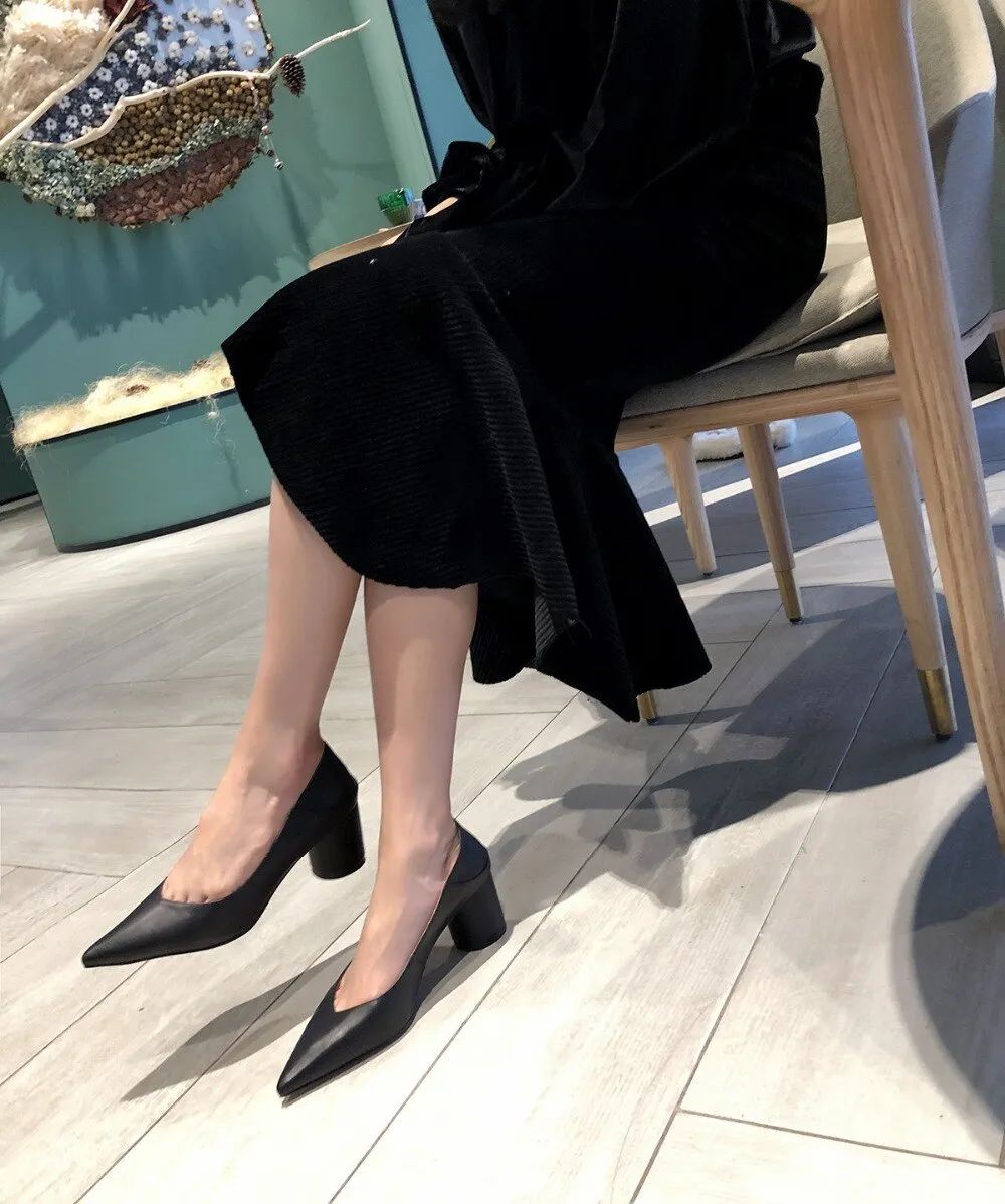 Women's genuine leather high heel slip-on mules pointed toe heels shoes