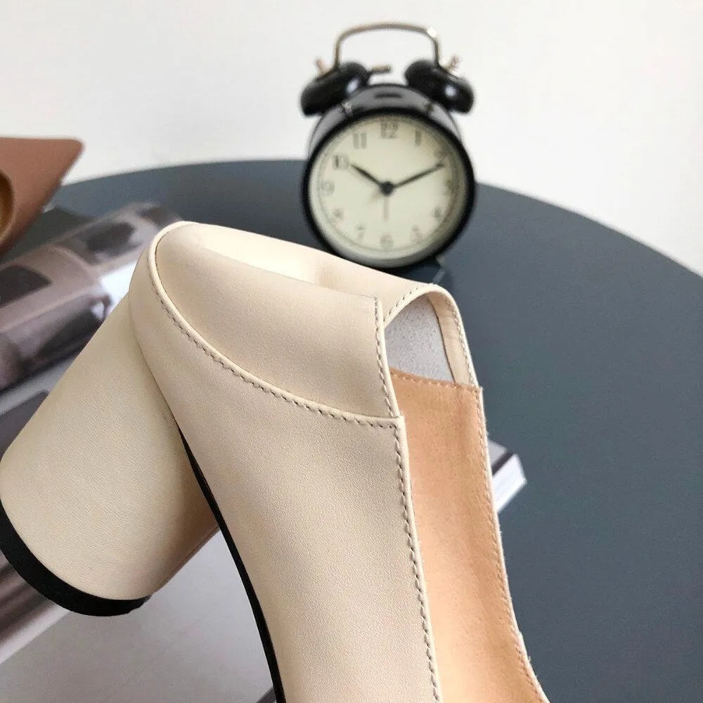 Women's genuine leather high heel slip-on mules pointed toe heels shoes