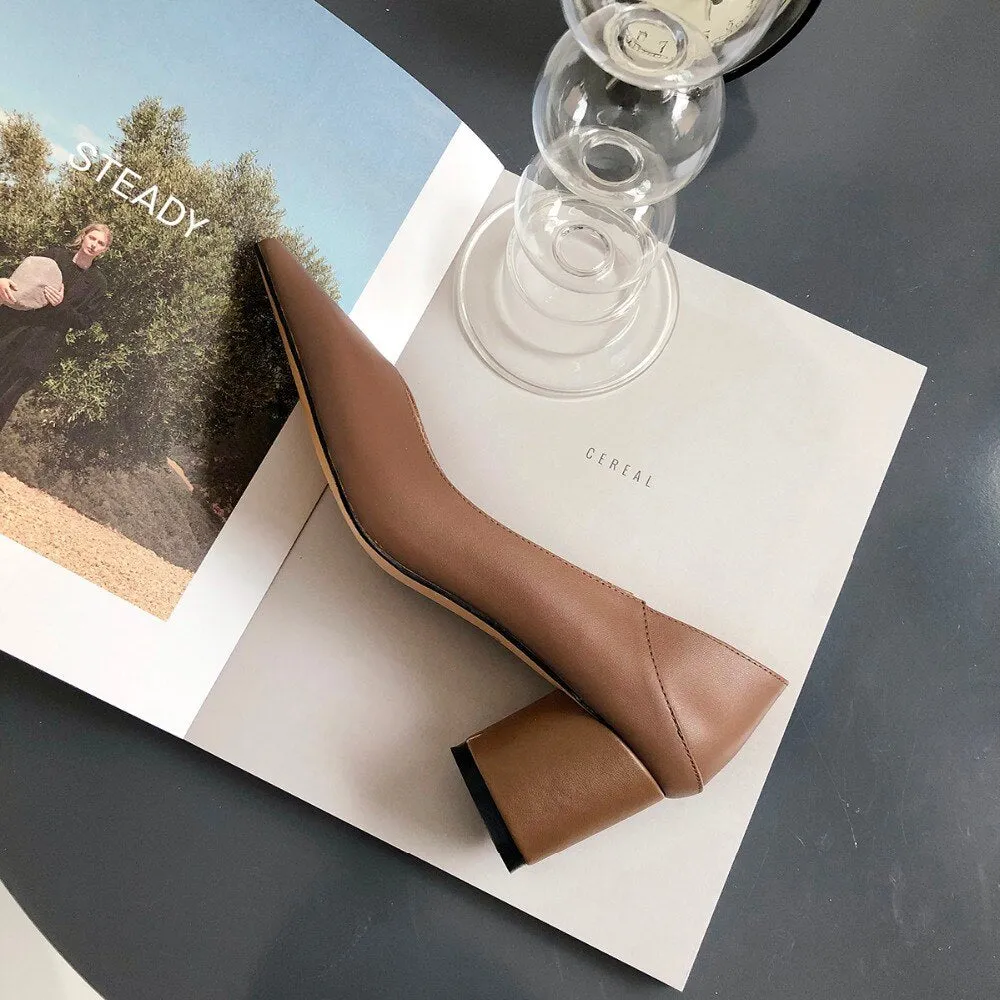 Women's genuine leather high heel slip-on mules pointed toe heels shoes