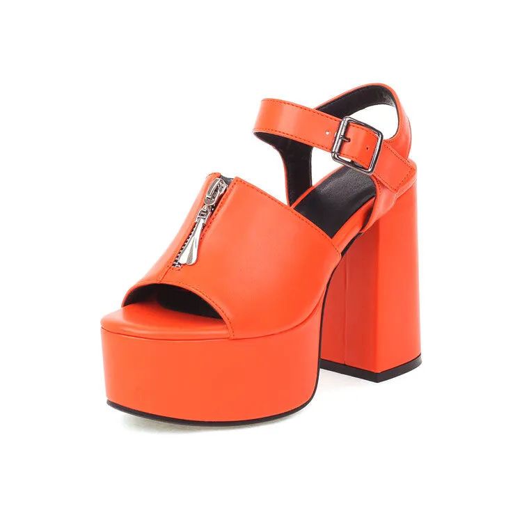Women's Glossy Zipper Ankle Strap Buckle Thick Sole Block Heel Platform Sandals