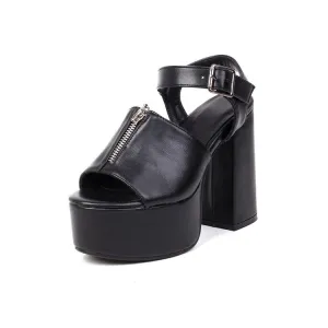 Women's Glossy Zipper Ankle Strap Buckle Thick Sole Block Heel Platform Sandals